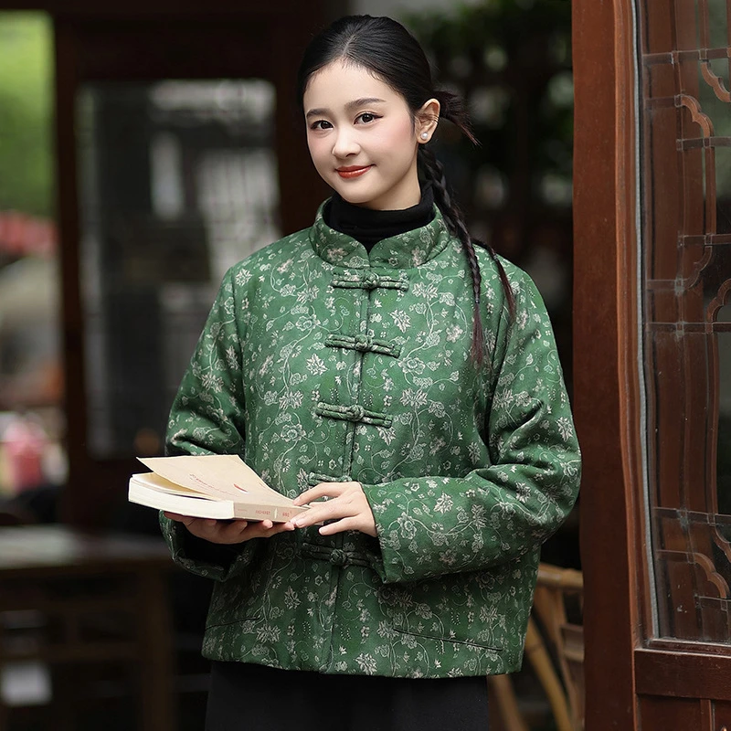 

Chinese Style Women Casual Quilted Coats New 2025 Autumn Vintage Stand Collar Floral Print Female Thick Warm Jackets M2066