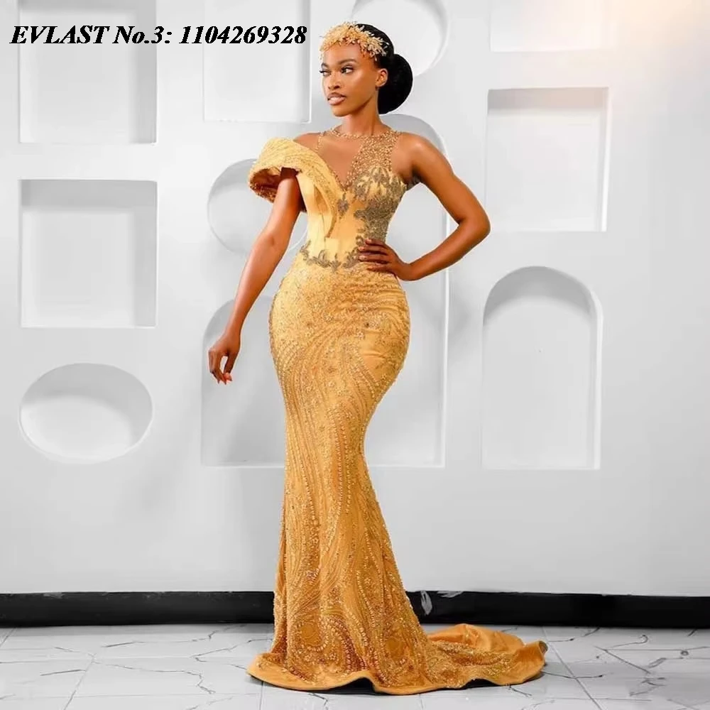 

EVLAST Customized Aso Ebi Gold Lace Evening Dress Sparkly Beaded Lace Black Women Birthday Dress Golden Formal Party Gown E3P375