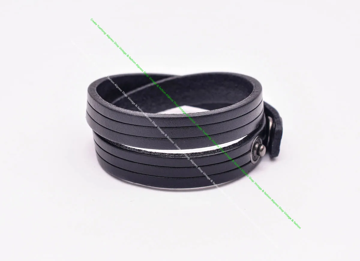 Handcraft Casual Biker Quality Black Line Strip Cowhide Veg Genuine Leather 2 Wrap Bracelet Wristband Cuff Bangle