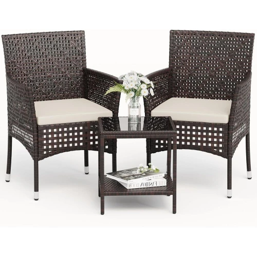 

Patio urniture Set 3 Pieces Outdoor Wicker Chairs Set o 2 with Coee Table or Outside Porch Balcony (Brown)