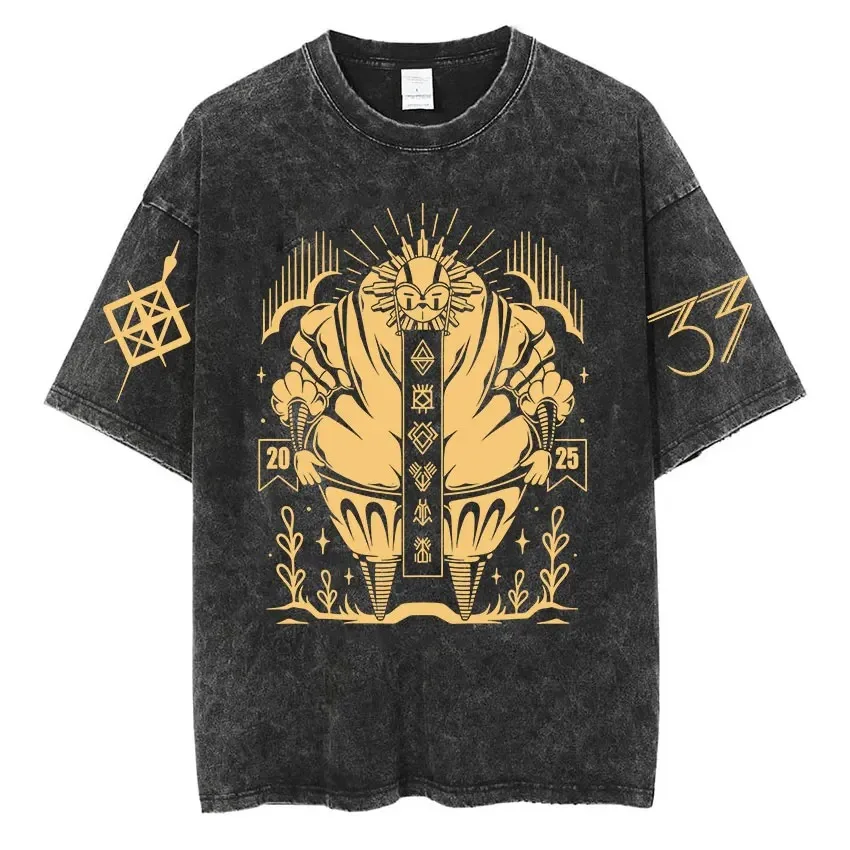 Hot Game Expédition 33 Print Retro Oversized Y2k Washed T Shirts Men Women Casual High Quality Cotton T-shirt Streetwear Clothes