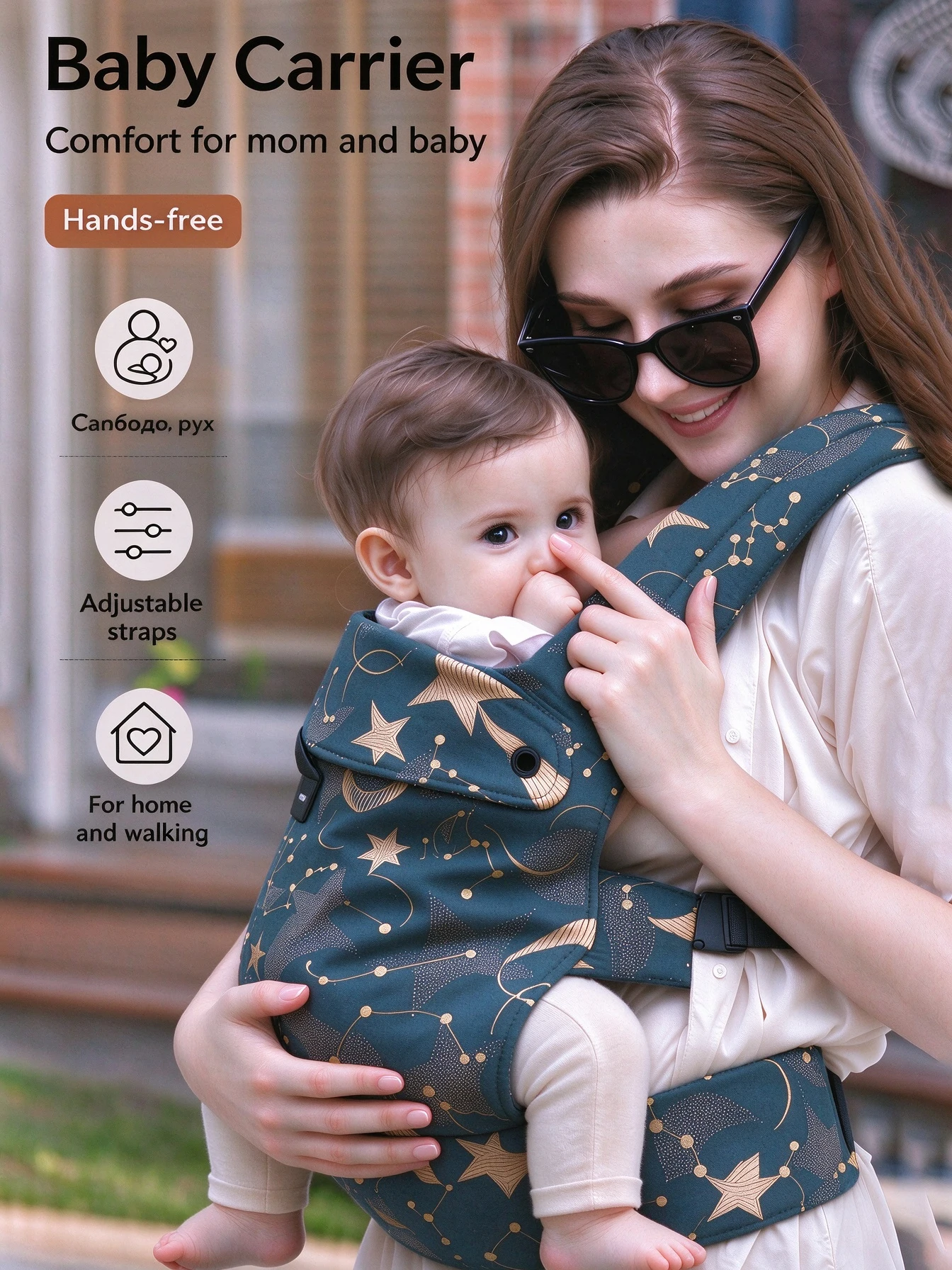 Baby carrier, ergonomically designed, adjustable shoulder strap, soft and breathable fabric, suitable for outdoor walks