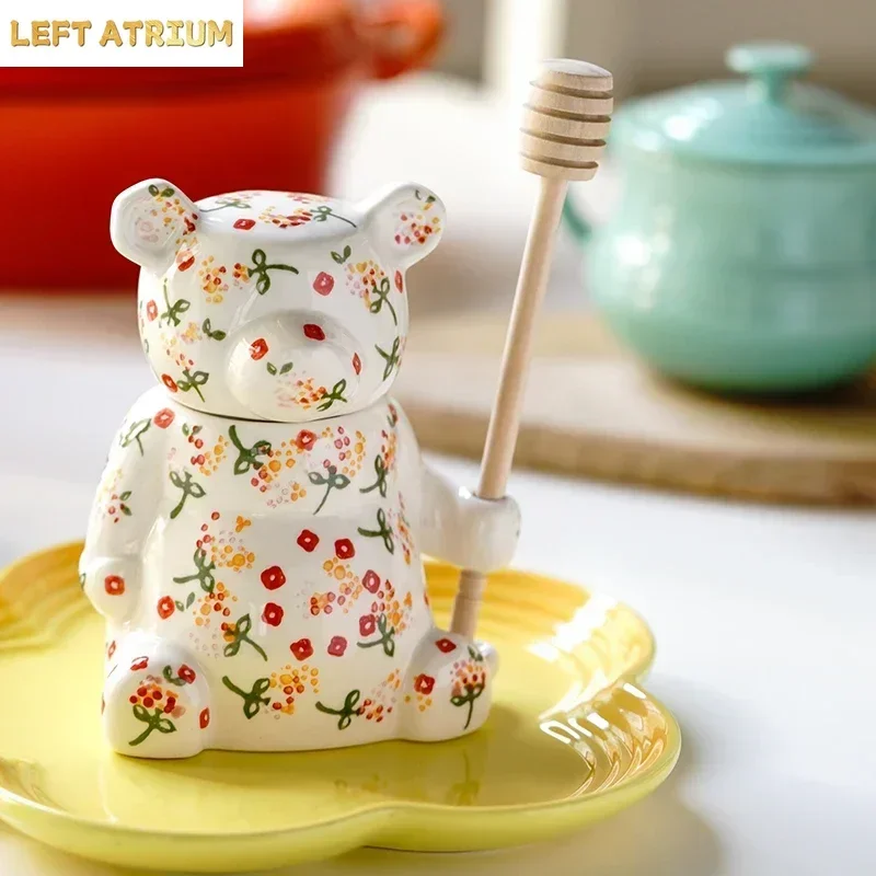 Ceramic Cute Bear Honey Jar with Lid Candy Storage Jar for Kitchen Honey Spoon Tea Storage Box Kitchen Accessory Home Decor