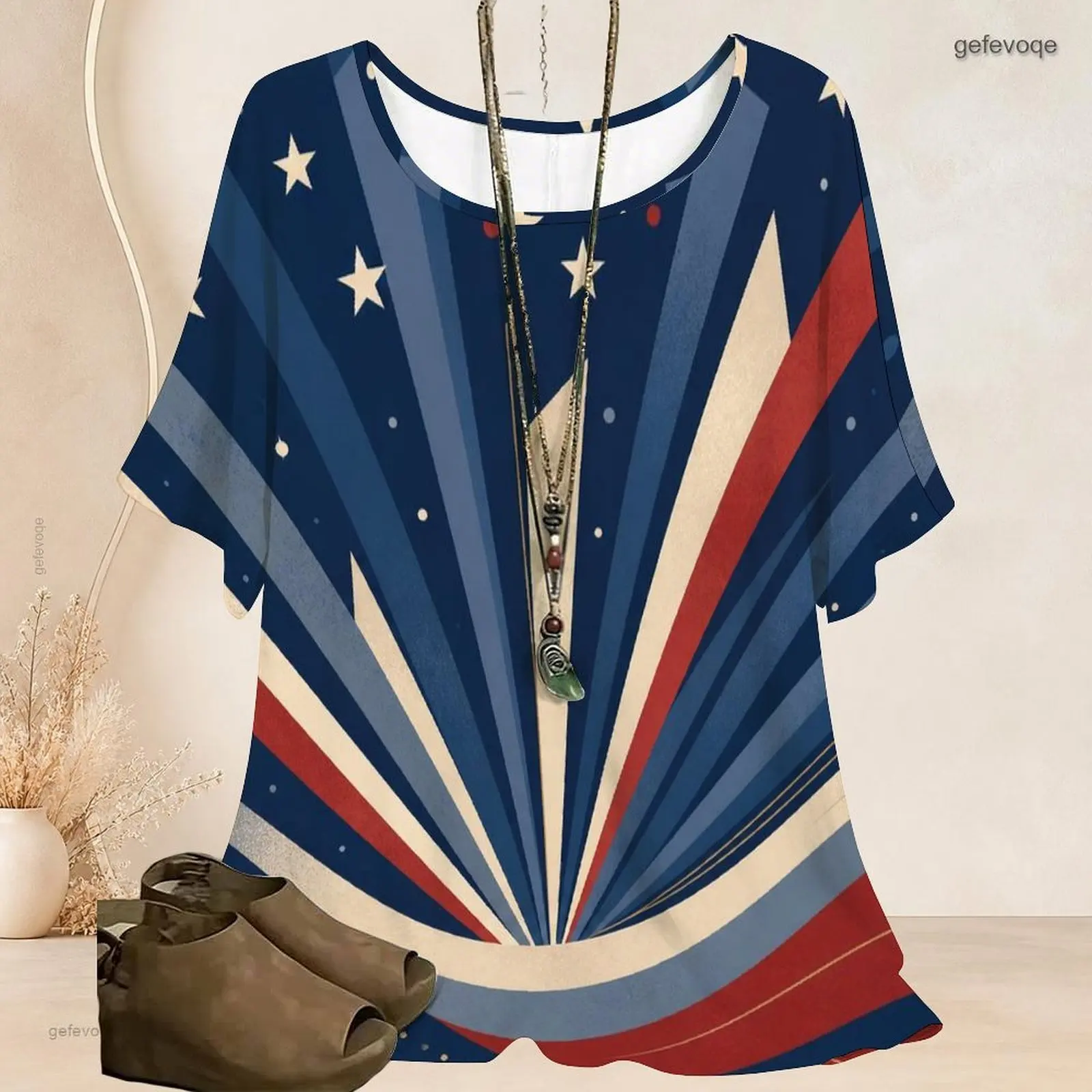 Women Round Neck Batwing Short Sleeve T Shirt Loose Oversized Tunic Top Curved Hem Casual Vintage Blouse Custom Print Ladies - view 2