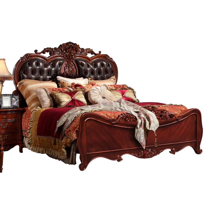 American style leather bed, European style second bedroom, solid wood carved flower, 1.5-meter single bed villa apartment