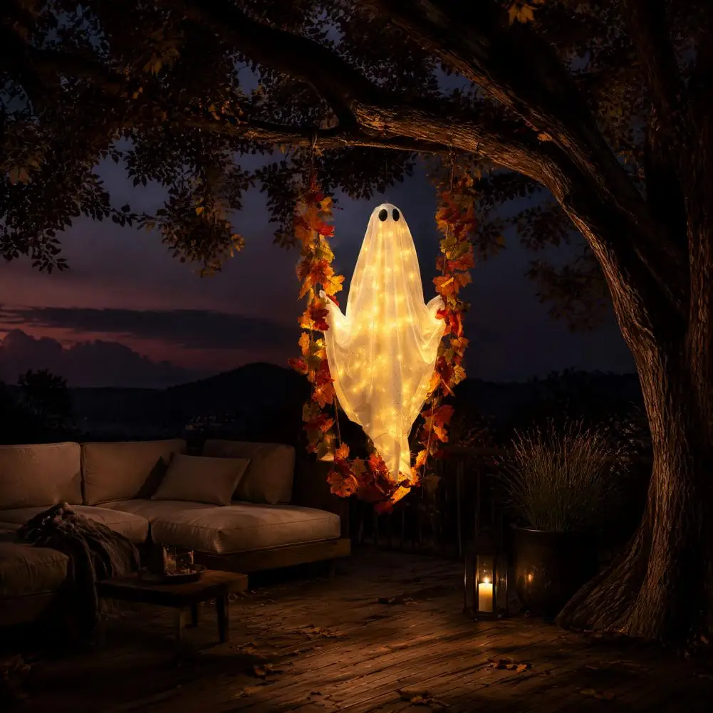 Glowing Gauze Ghost Pendant Halloween Hanging Ghost Decor with Maple Leaf Vine Lights Remote Control for Yard for Friends