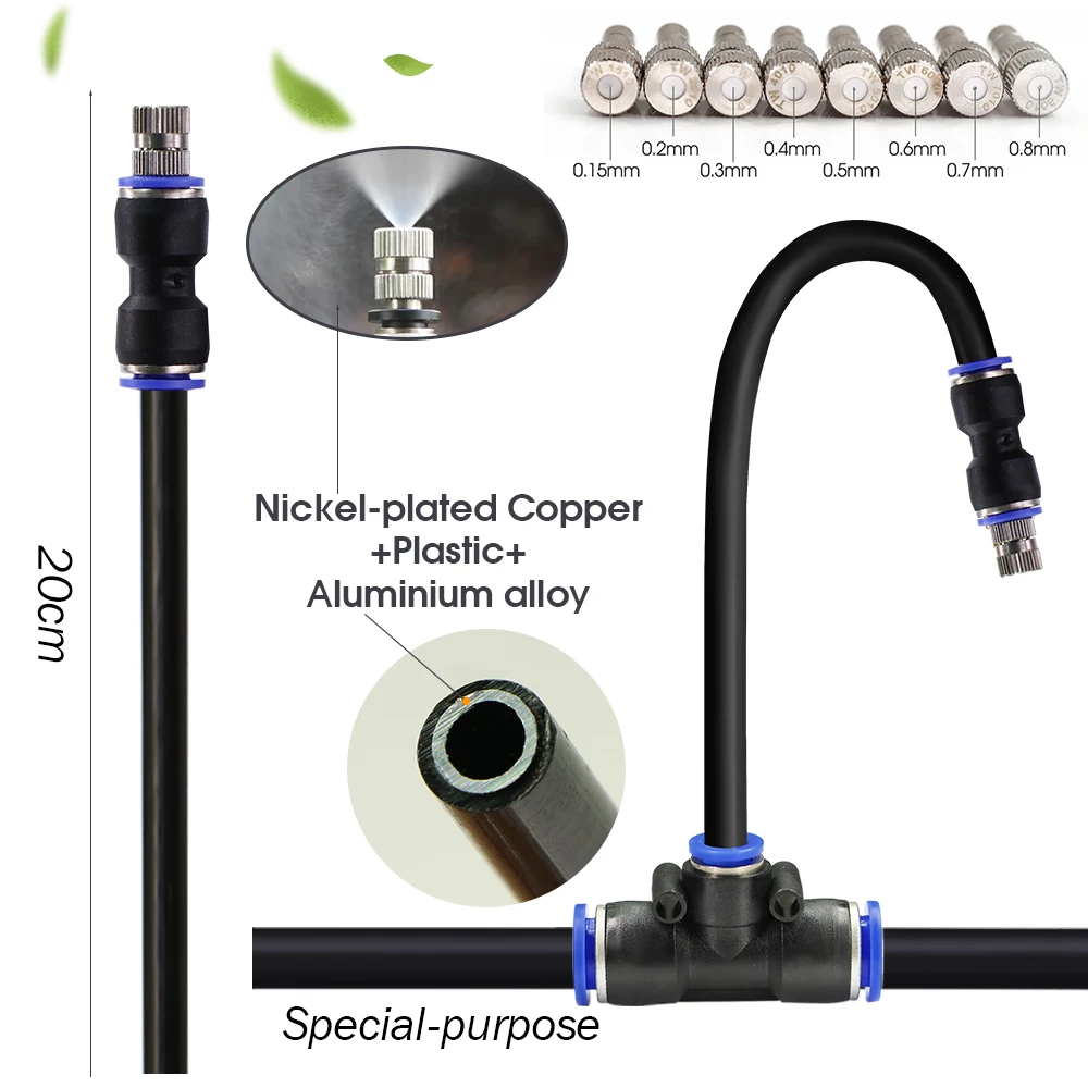 Misting Cooling System, pulverizador de atomizador fino, irrigação do jardim, rega umidificante, bocal de 360 °, 20-5m, 9, 12mm, 0,6mm