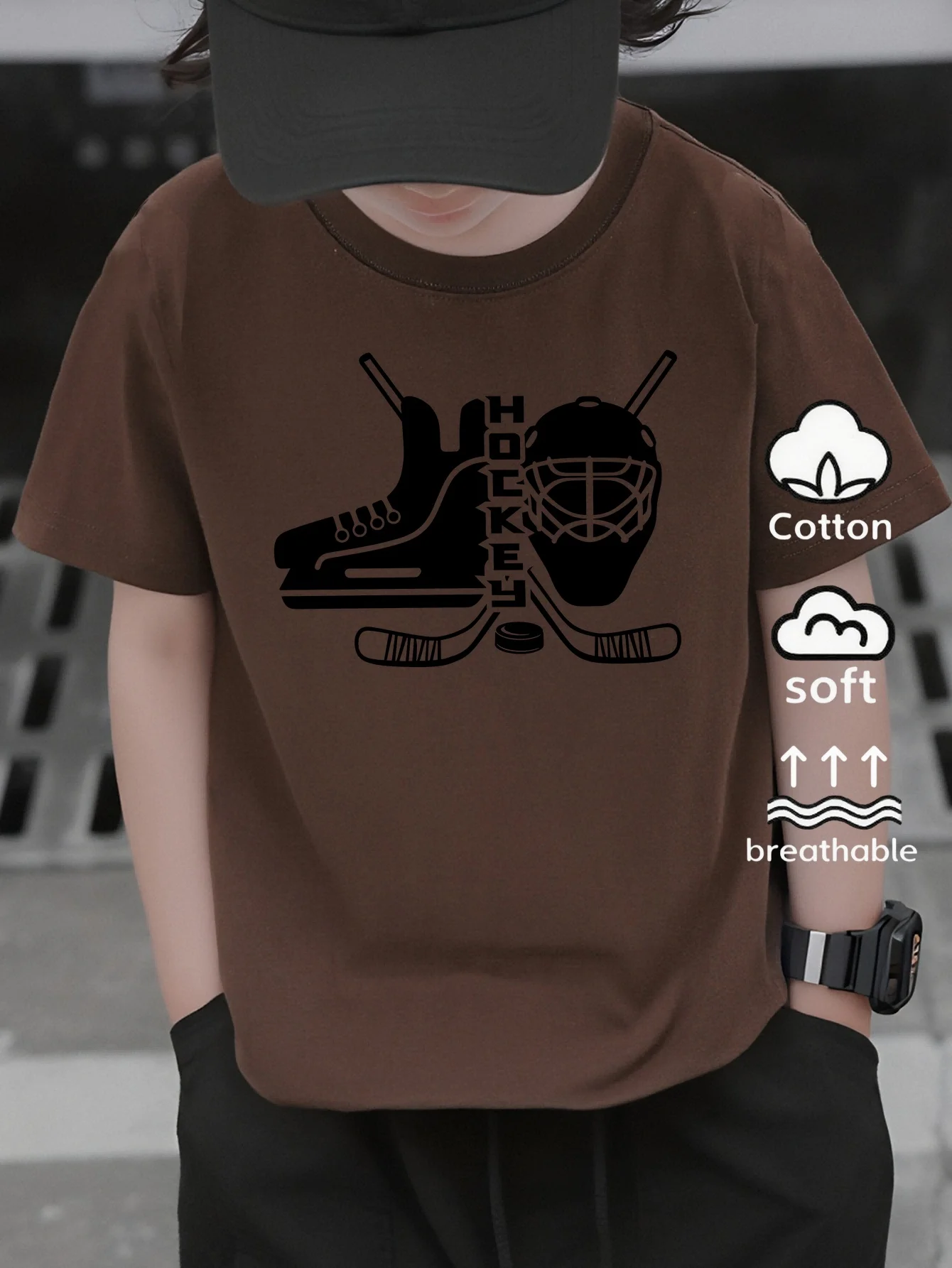 Ice Hockey Helmet, Club Pattern, Machine Washable Outdoor Activity Top, Comfortable and Fun Printed Parent-child T-shirt