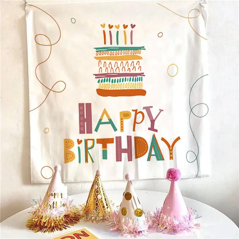 VIKAMA Morandi Abstract Cake Birthday Tapestry Wall Hanging Home Decor for Bedroom Living Room Dorm Happy Birthday Aesthetic