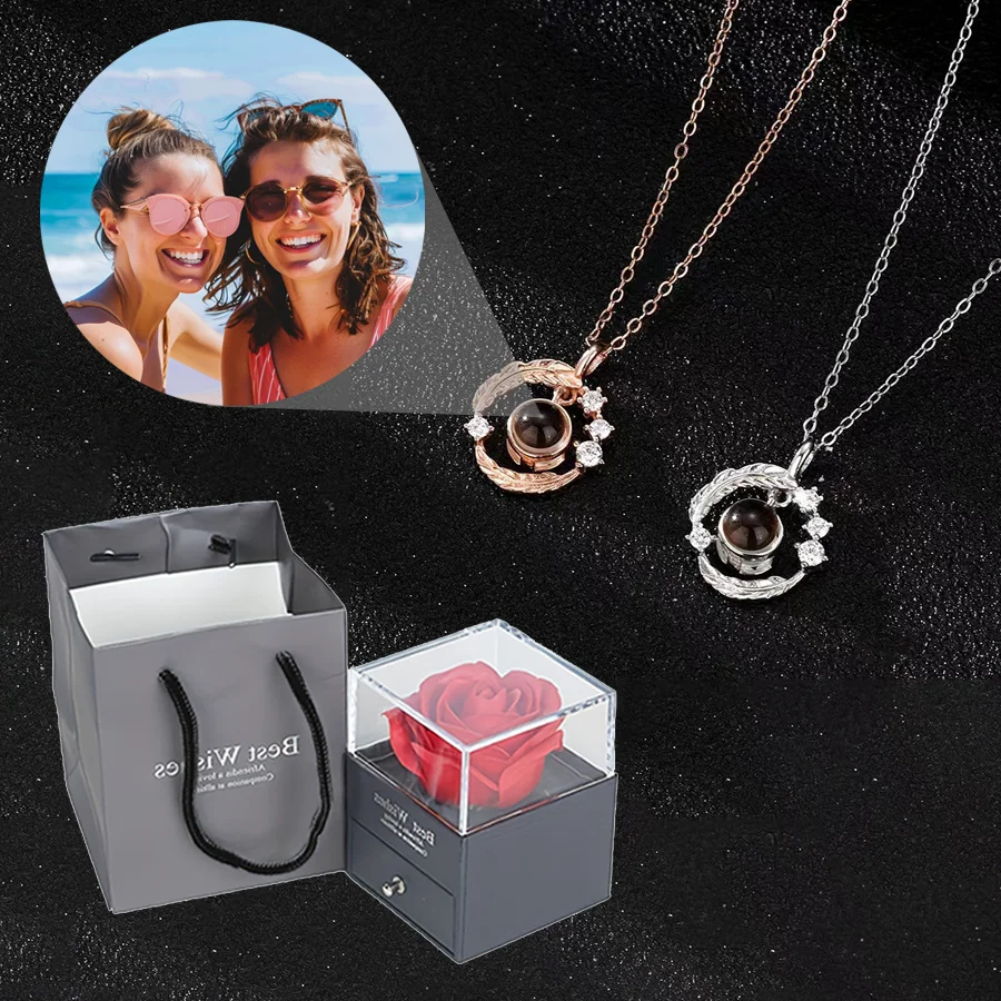 Custom Color Photo Projection Necklace With Rose Black Gift Box Stainless Steel Chain Couple's Anniversary Gift Fashion Popular