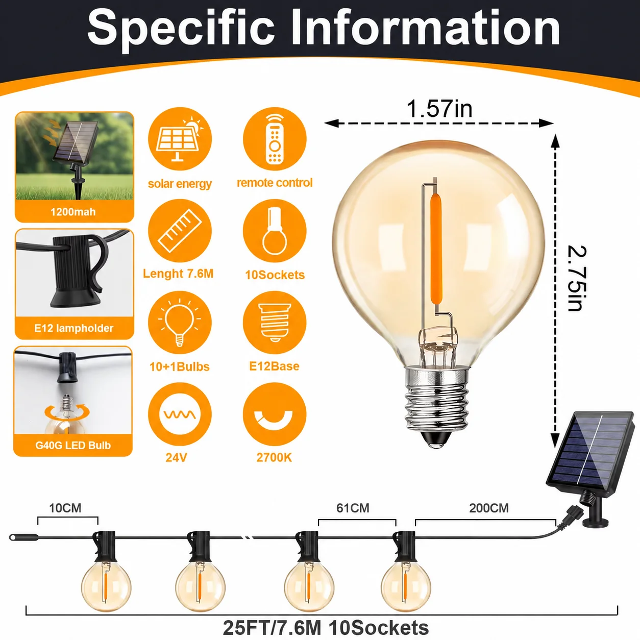 G40 Outdoor Solar LED String Lights 1W Globe Waterproof Vintage Amber Glass Bulb Garland Patio Party Decoration Hanging Lights