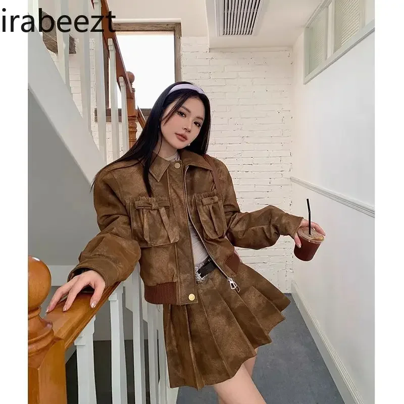 Autumn and Winter Vintage Coffee Color Locomotive PU Leather Short Coat Female Autumn and Winter New Half Skirt Two-piece Set