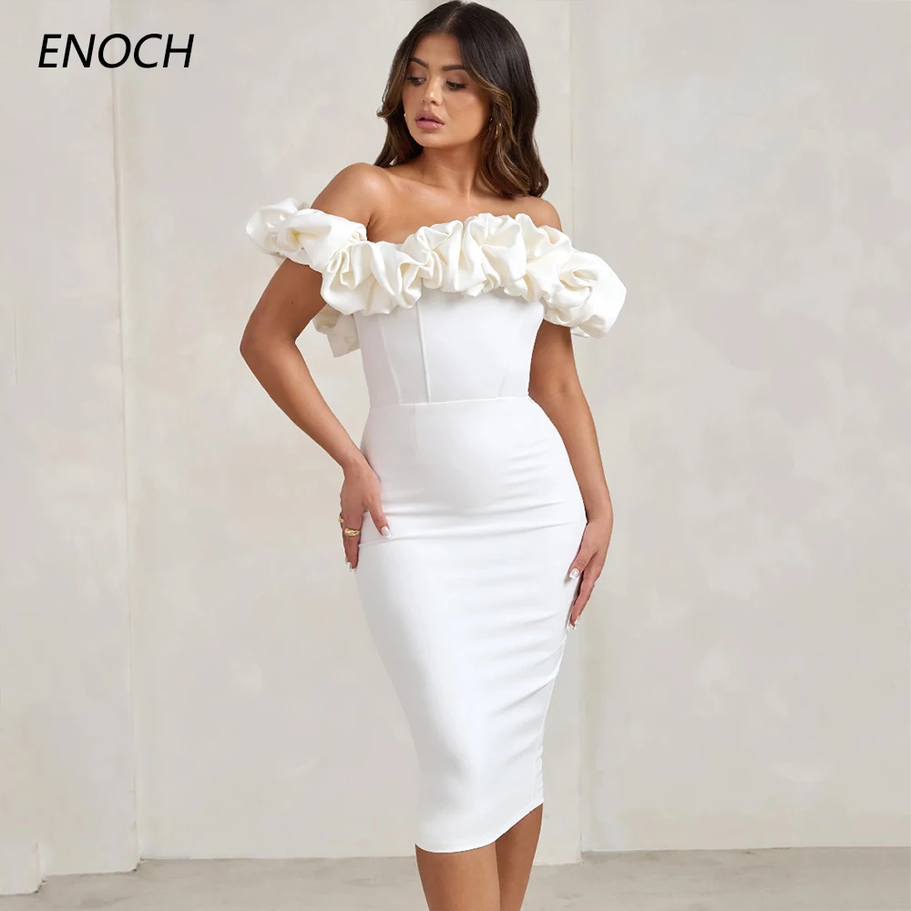 ENOCH Boat Neck Off Shoulder Wedding Dress Simple Sleeveless Zipper Back Sheath Bridal Gowns Tea Length Robe De Mariée Women New