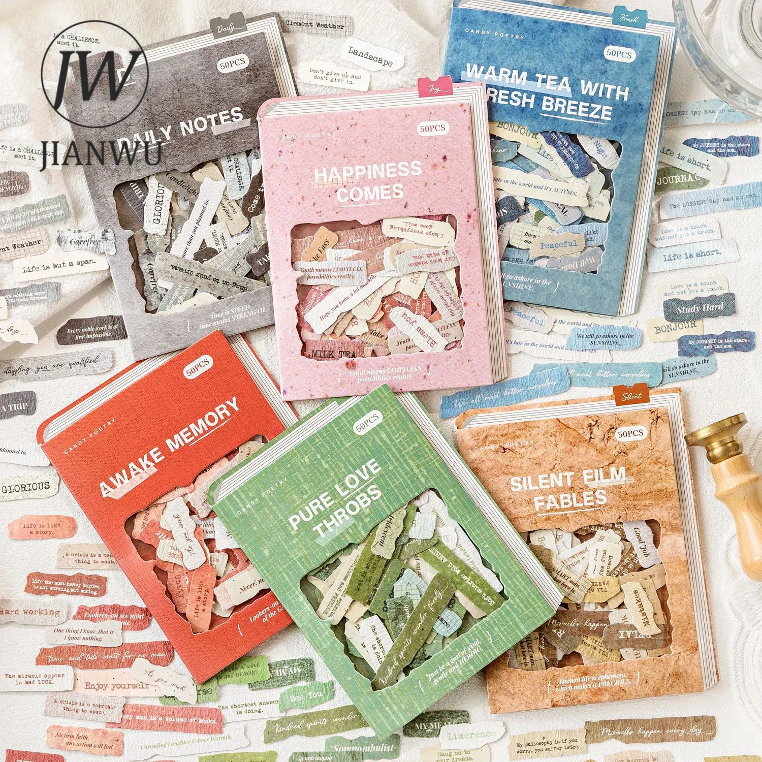 JIANWU Scrambled Heart Series Vintage English Text Label Material Collage Sticker Creative DIY Journal Scrapbook Stationery
