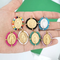 Virgin Mary Pendant Charm Necklace Women Choker Beads Chain Gold Silver Color PVD Rainbow Colorful Jewelry Stainless Steel