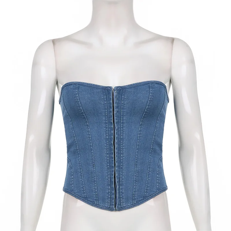 Denim Strapless Bare Shoulder Tube Tops Women Lace-up Corset Top Sexy Lingerie Tank Top Hollow Out Bodyshaper Vest Slim Camisole