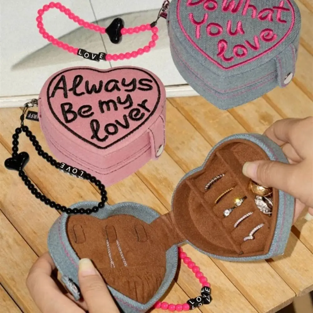

Portable Heart Shaped Jewelry Ring Storage Box Retro Style Pure Color Cosmetic Bag With Strap Embroidered Jewelry Holder Gift