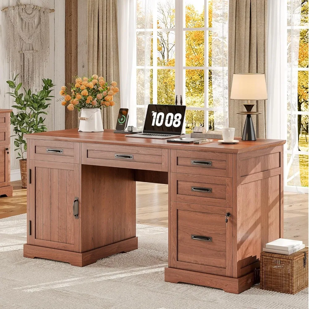 

55'' Farmhouse Desk Home Office with Drawers, Executive Computer Desk Wooden with File Cabinet and Charging Station