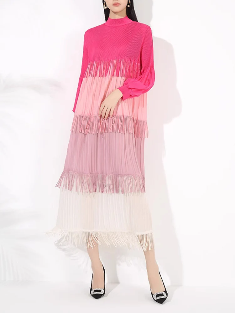 LANMREM 2025 Spring Pleated Long Dress For Women Contrast Color Tassel Design A-line Dresses Elegant Party Clothing 2VV2055