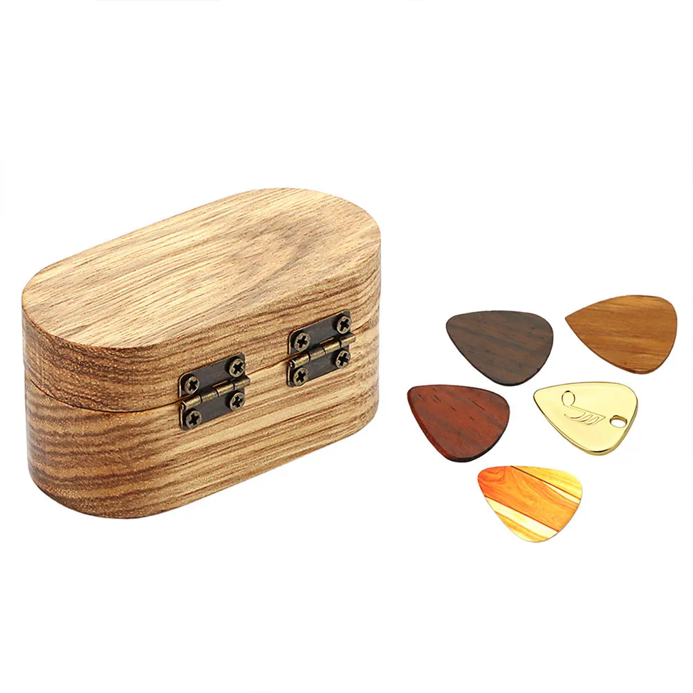 1Set Walnut Wood Guitar Pick Holder and 5 Plectrums Compact Elegant Storage Box for Acoustic Electric Bass Players Gift Ready