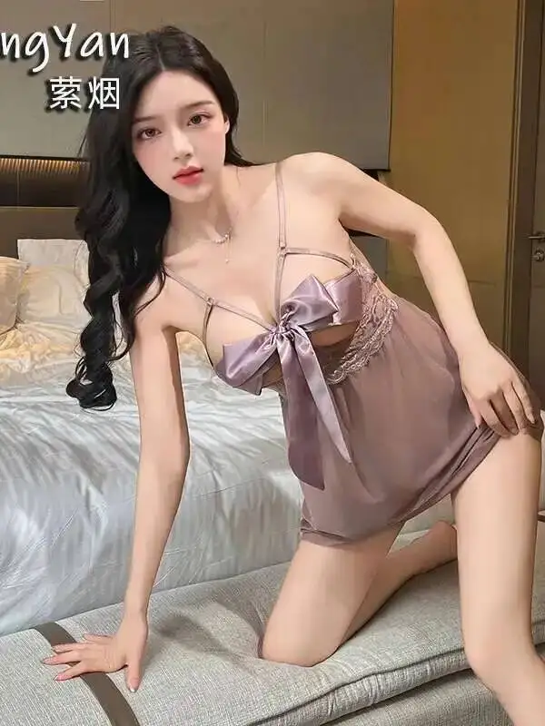 セクシーなランジェリーメッシュレース薄手の甘いミニドレス誘惑的な股開きホット情熱的なセット蝶ネクタイドレスエレガントなトップス KKZ3