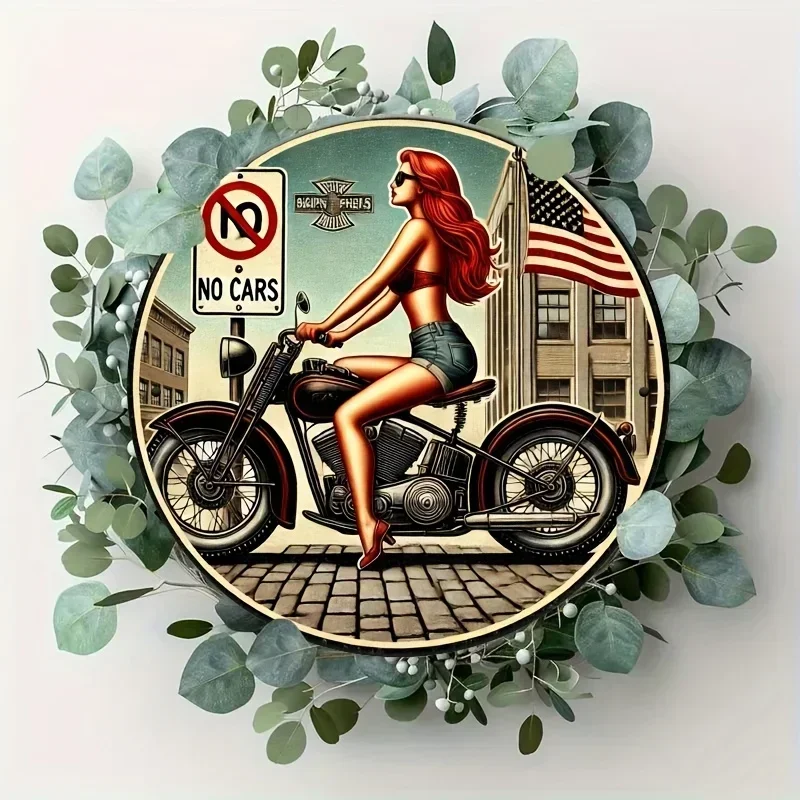 [2D Flat] 1pc Vintage Motorcycle Wall Art Sign - 8x8 Inch Aluminum, Retro Pin-Up Girl on Motorcycle Design, Easy to Hang,Durable