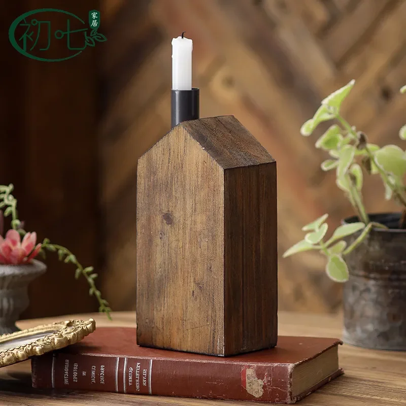Solid Wood Small House Candle Holder Antique Wooden Ornament for Wedding Festival Home Decor