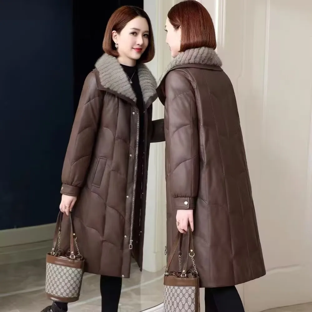 

2025 Новая утолщенная теплая женская длинная куртка из искусственного овечьего меха, зимняя высококачественная пуховая хлопковая парка, женское кожаное пальто, размер 6XL