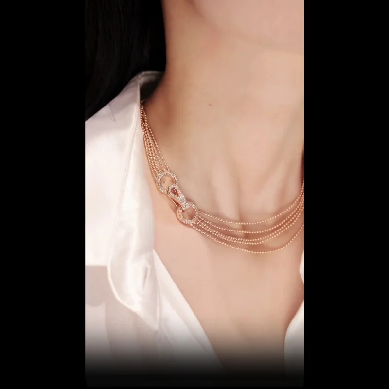 Bellux Luxury Design Fine Jewelry 925 Silver Synthetic Zircon Rose Gold Full Diamond Multi Layer Necklace