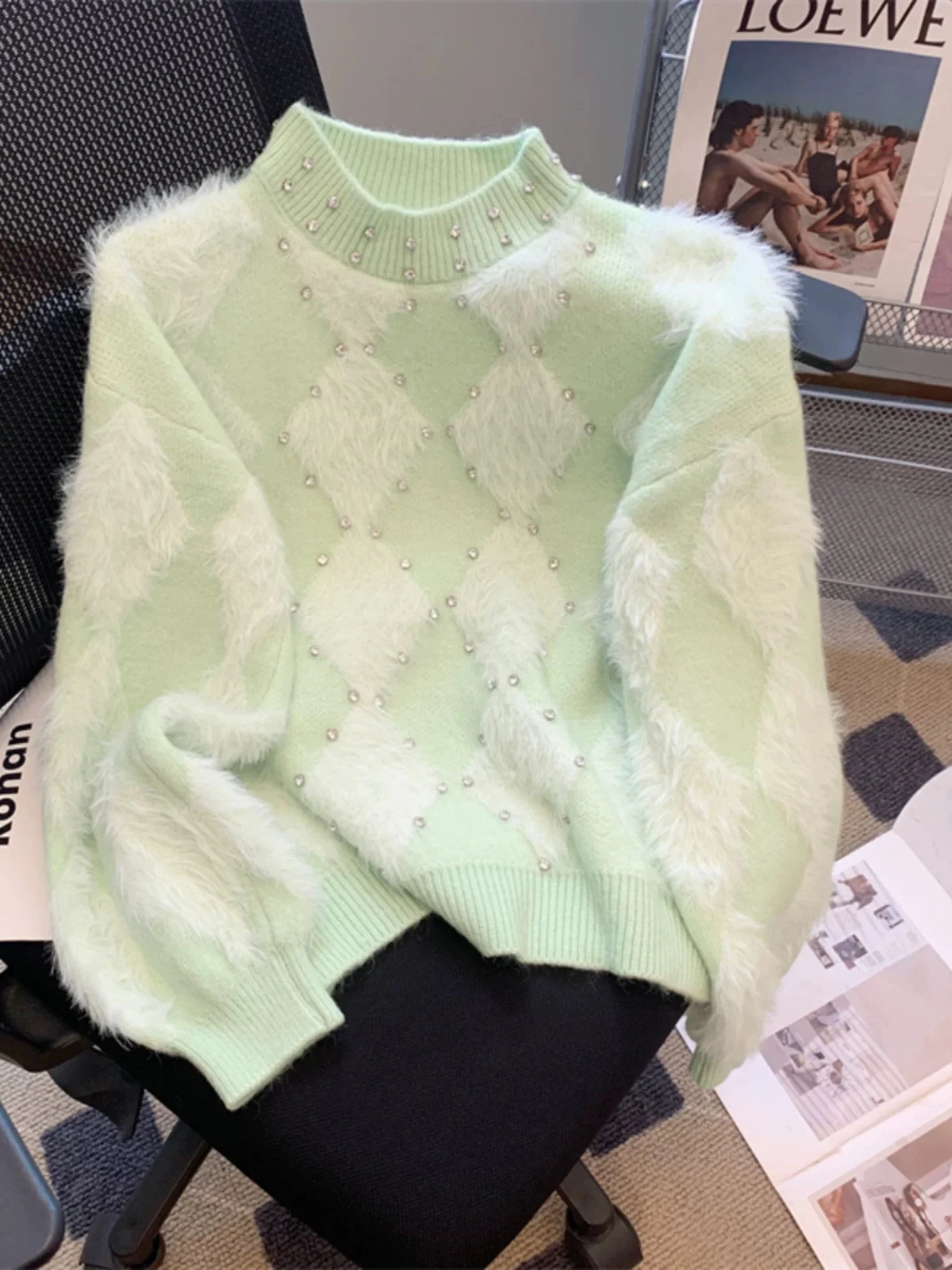 

Мягкий вязаный свитер из норки и бархата, женский вязаный свитер с ромбовидным декором, модный пуловер с полувысоким воротником