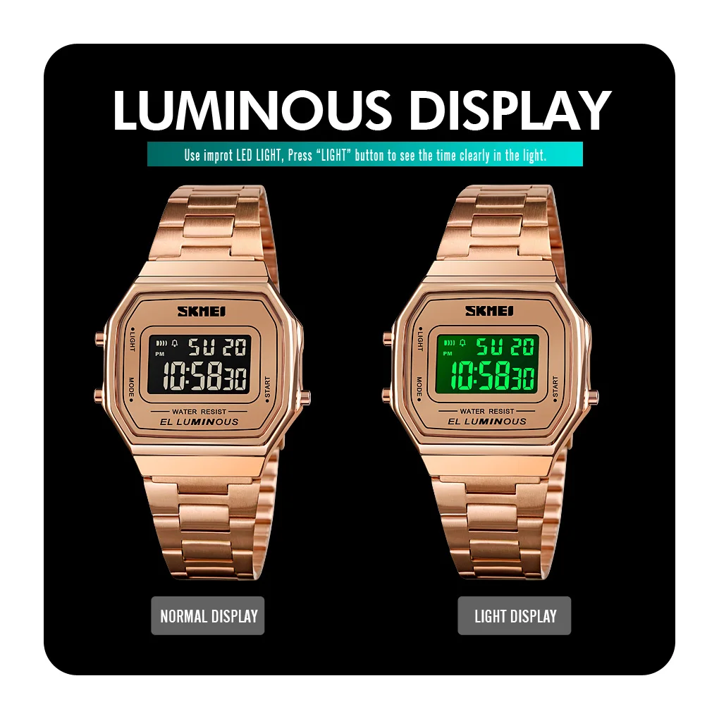 SKMEI 1647 Casual Simple Mens Wristwatches Stainless Steel Band Waterproof Watch Men reloj hombre Retro LED Digital Male Watches image 4