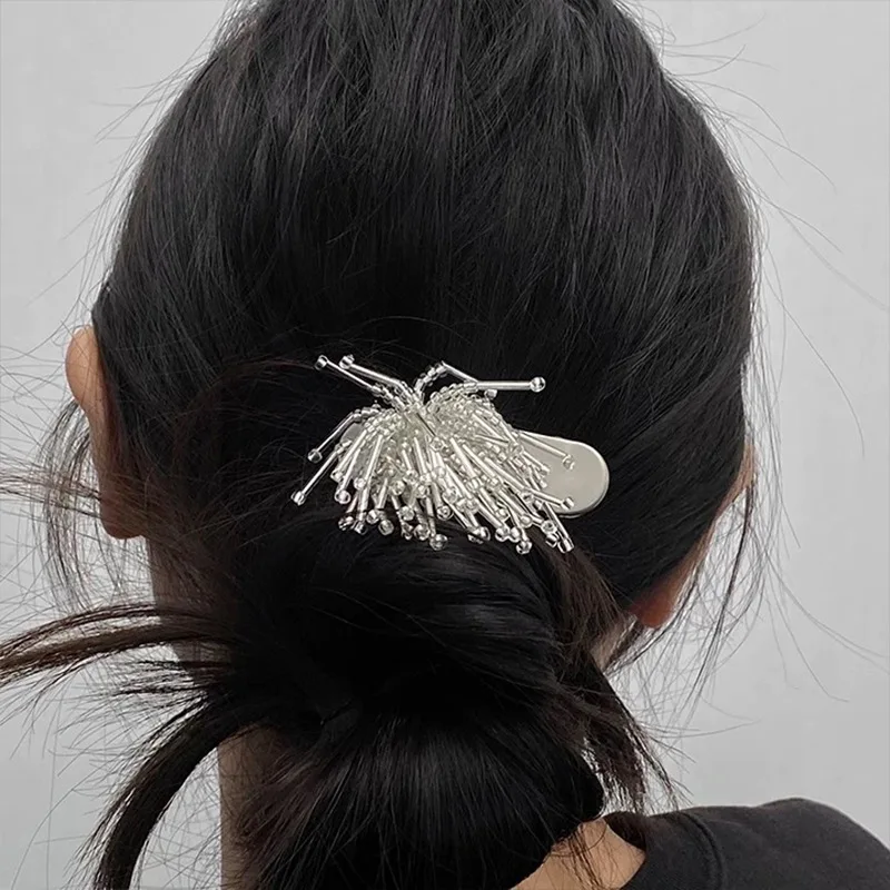 

1PC Personality Cool Niche Beaded Firework Silver Gray Alloy Hair Clip, Fashionable New Style Sweet and Cool Bangs Clip Side Cli