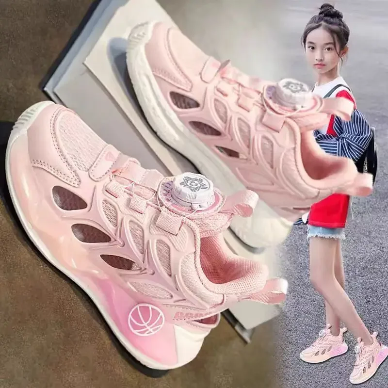 Students Sports Sandals Hollowed-out Kids Basketball Shoes Non-slip 2025 Summer New Children Sneakers Rotating Button Comfort