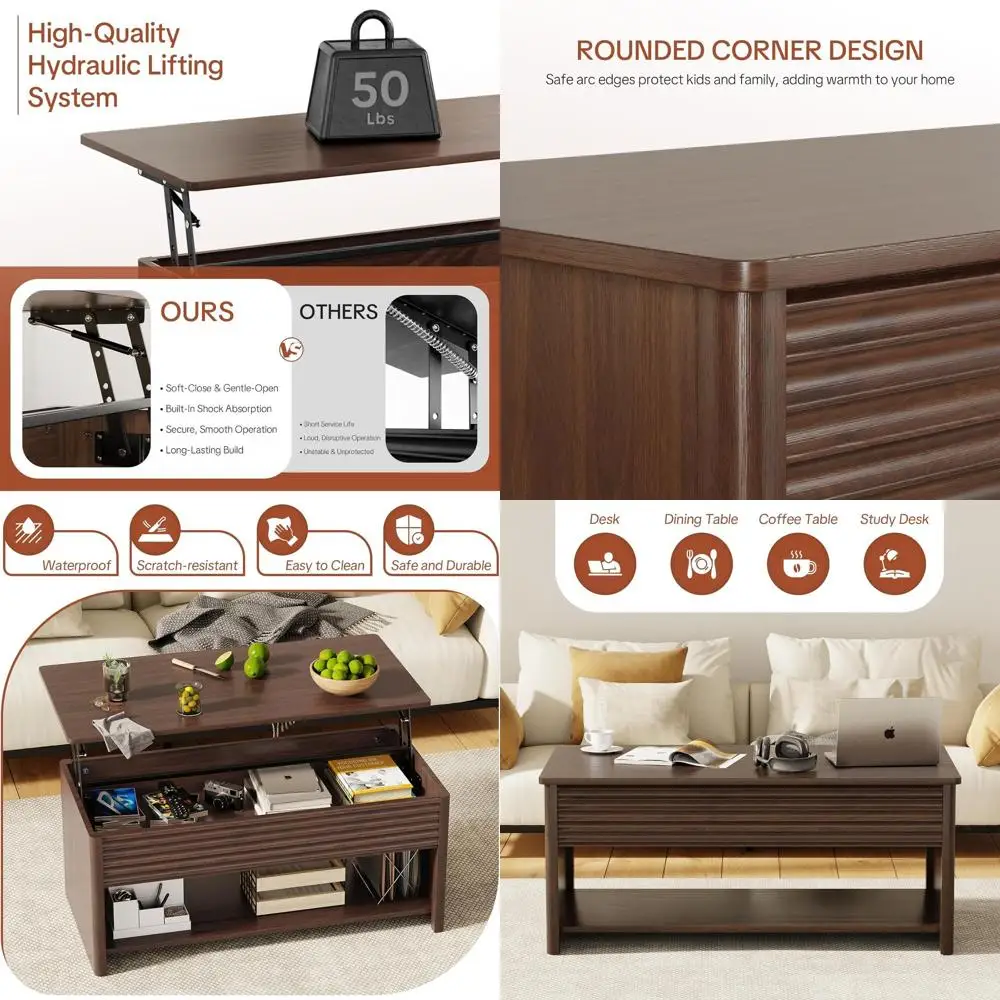 

Modern Rectangular Lift-Top Coffee Table with Fluted Design, Storage, Brown Horizontal Grain Finish
