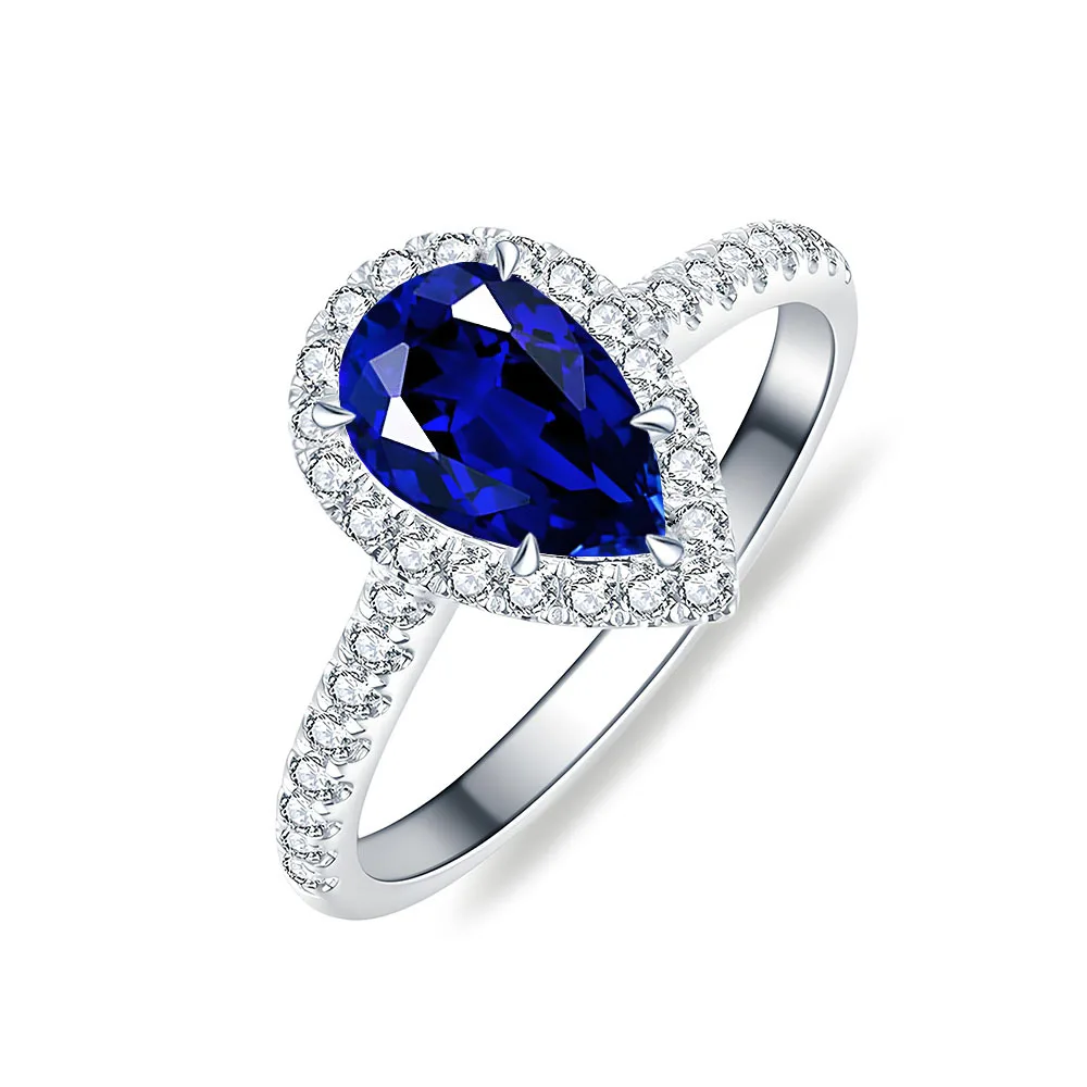 New water drop pear-shaped sapphire ring women's s925 silver imitation gemstone ring European and American high-end jewelry