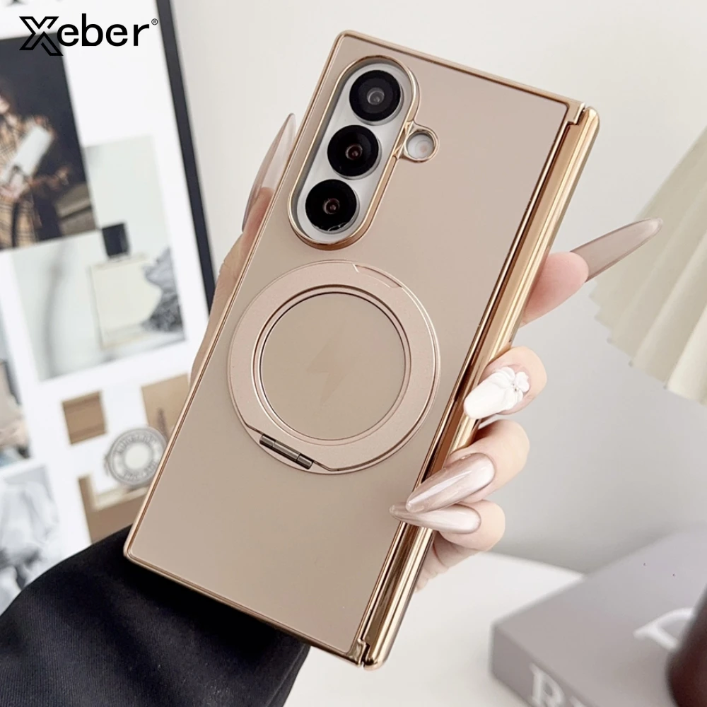 Plating Hinge Protect Magnetic Case for Samsung Galaxy Z Fold 7 6 8 Wide 5 4 Rotating Holder for Magsafe Wireless Charge Cover