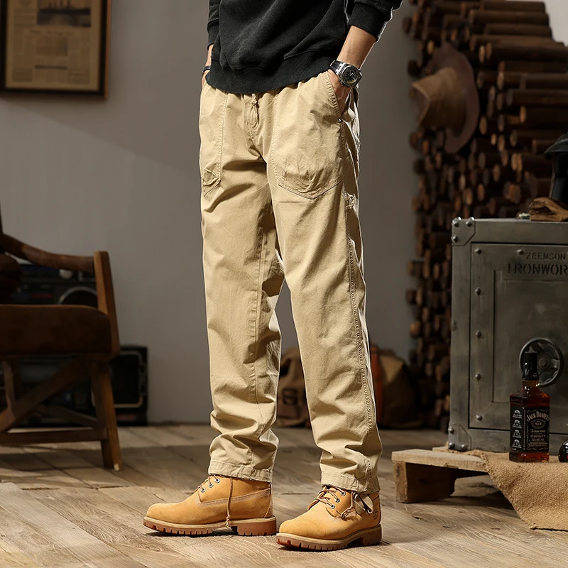 JAYSCE 2024 Spring Men\'s Casual Cargo Pants Fashionable Loose High Street Style Brown Trousers Micro Elastic Straight Leg Pants