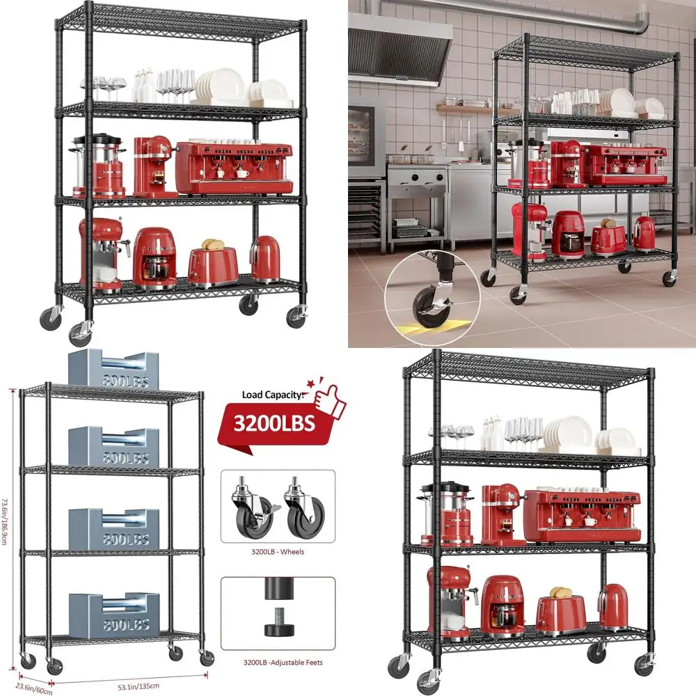 

4-ярусные регулируемые металлические стеллажи для хранения, грузоподъемность 3200 фунтов, 23,6 гл x 53,1 ш x 73,6 в, черные