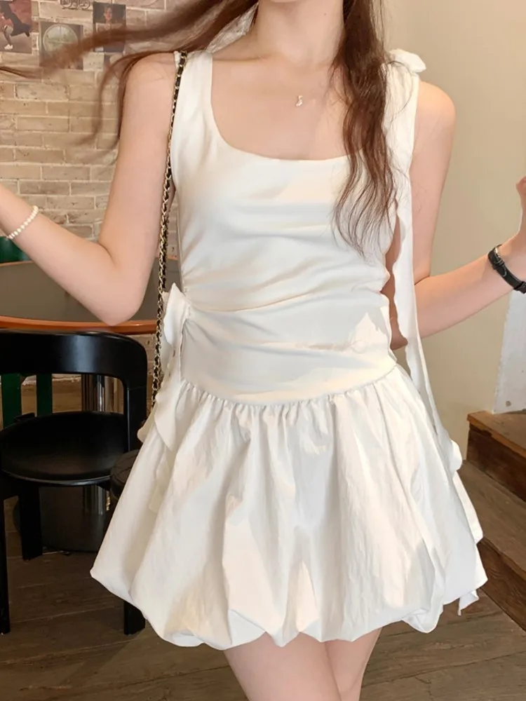

Women's White Slim A-Line Mini Dress Korean Fashion Waist-Cinching 3D Flower Sleeveless Puffy Vest Dresses Summer New Arrival