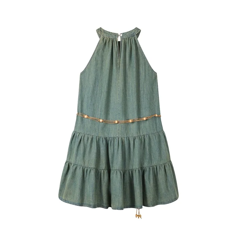 Retro Women's Dress Halter Sleeveless Denim Dresses Hot Girls Vintage Korean Style Pleated Mini Skirts Summer Female Clothing