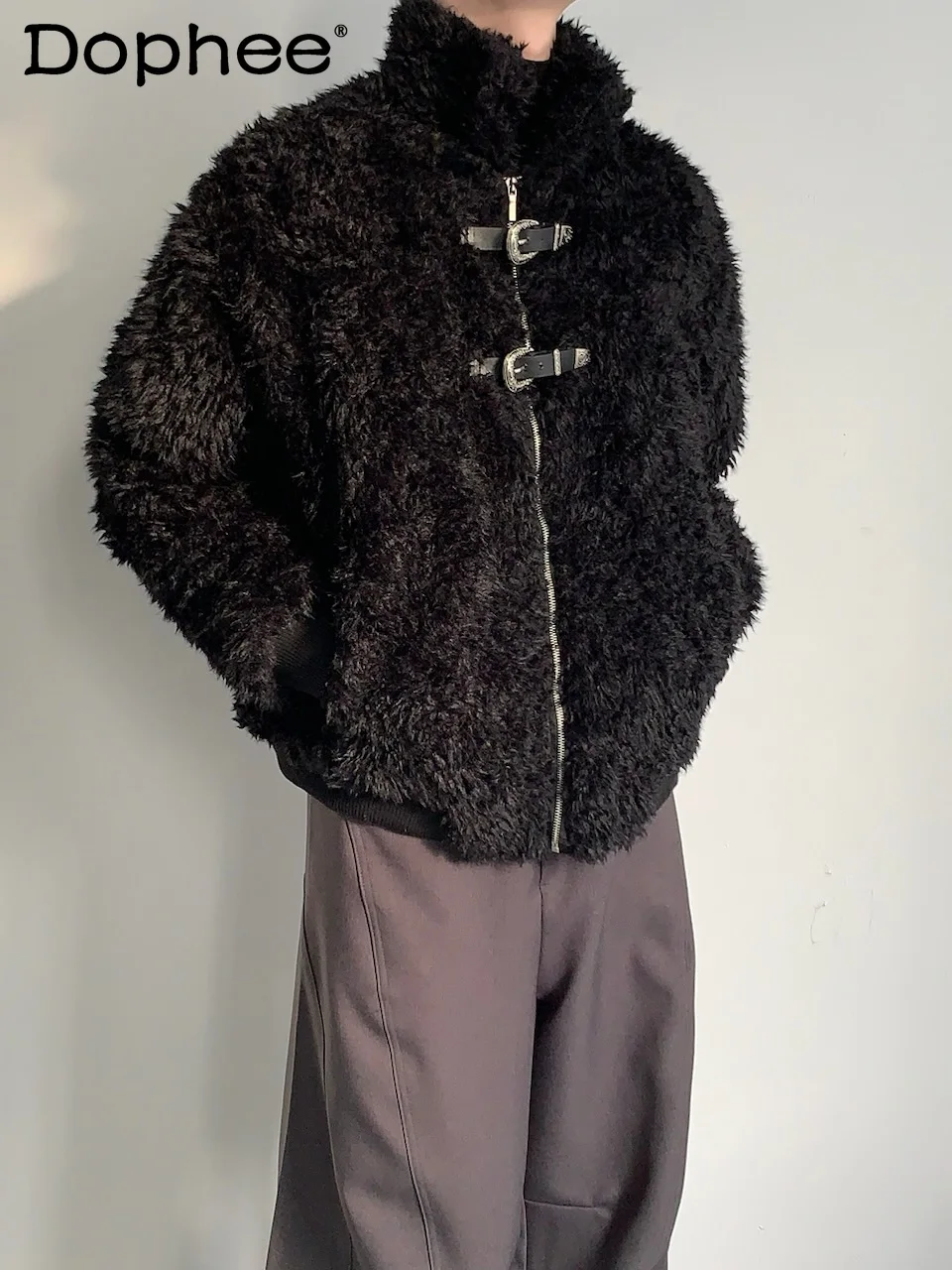 

Fashion Trend Korean Version Ins Design Faux Fur Lamb Wool Coat Handsome Men Metal Belt Buckle Plush Cotton Jacket