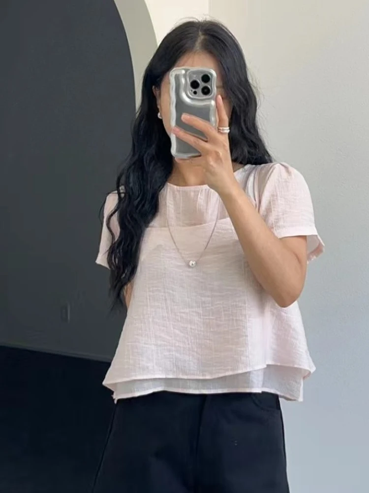 여성 여름 신상 부드러운 스타일 라운드넥 버블 소매 셔츠 쉬폰 탑 투피스 세트 텍스처감 있는 반팔 블라우스