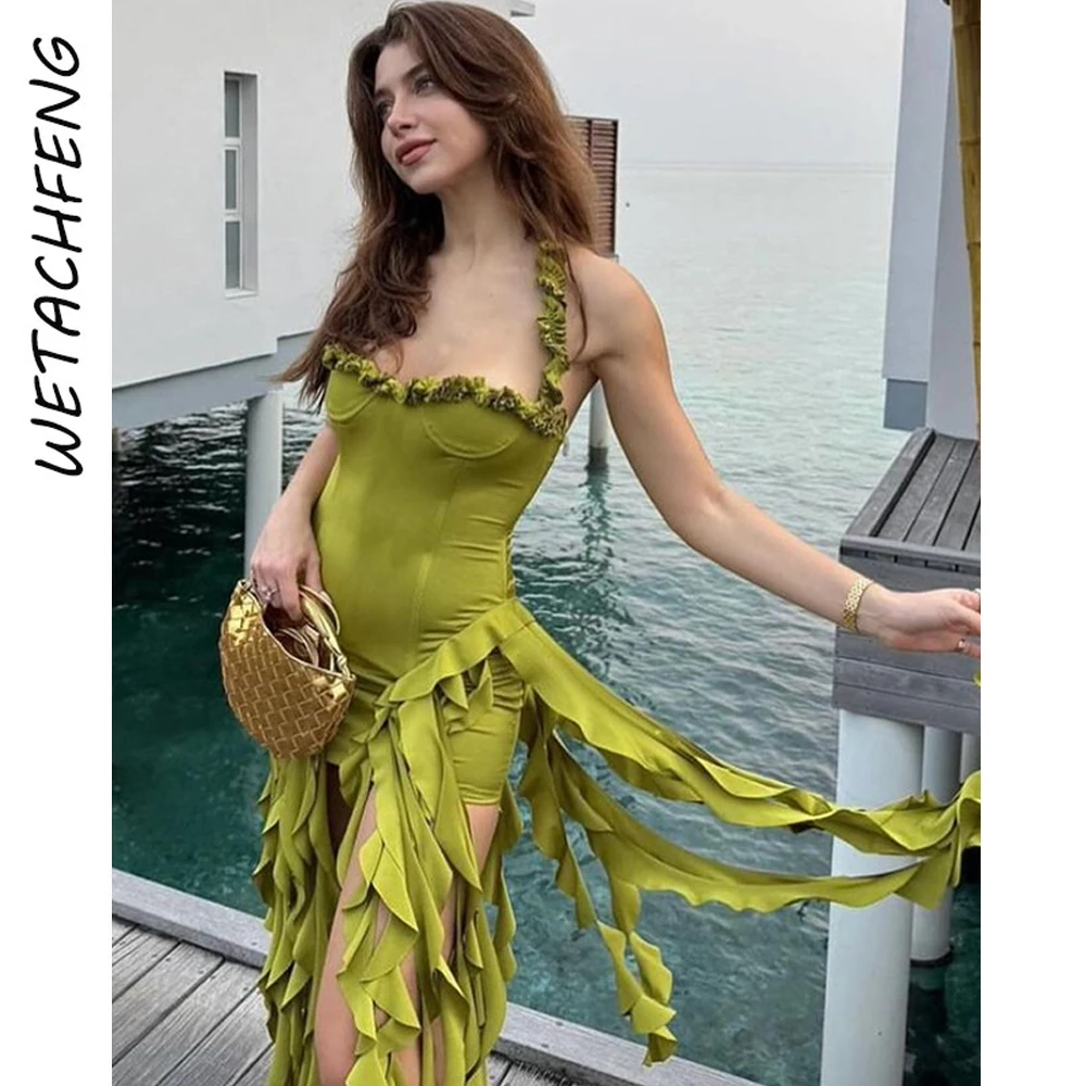 

Women Clothes Fashion Streetwear Sexy Halter Irregular Slim Dress 2024 Summer Bodycon Ruffles Tassel Holiday Party Evening Dress