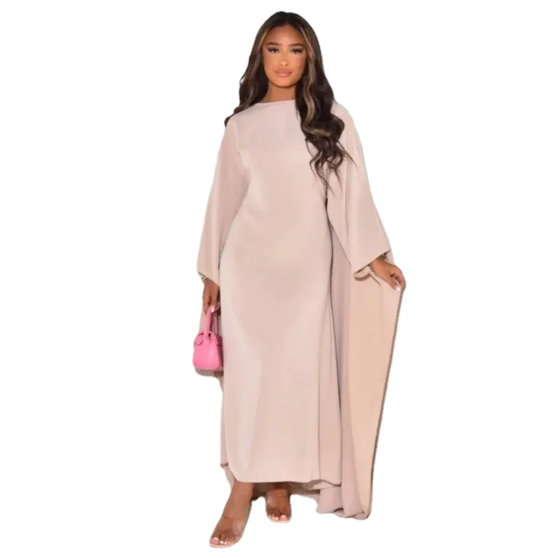 

Autumn Fashion Satin Party Dress Robe Abaya Muslim Women Elegant Solid Round Neck Bat Sleeves Loose Maxi Dress Women