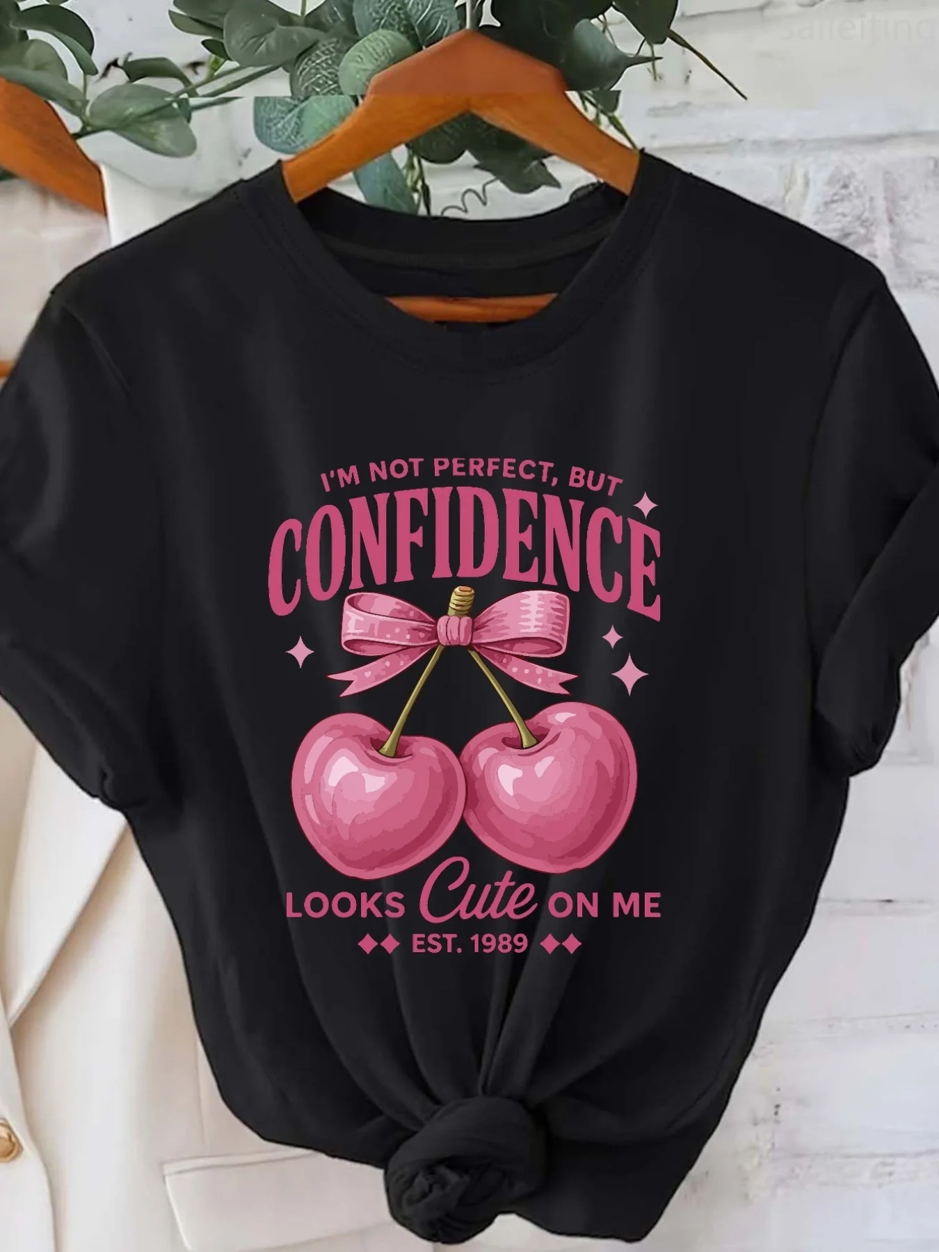 

Женская футболка с рисунком вишни — я не идеаль, но уверенность, милая летняя уличная одежда в стиле Харадзюку с короткими рукавами и принтом «Я не»