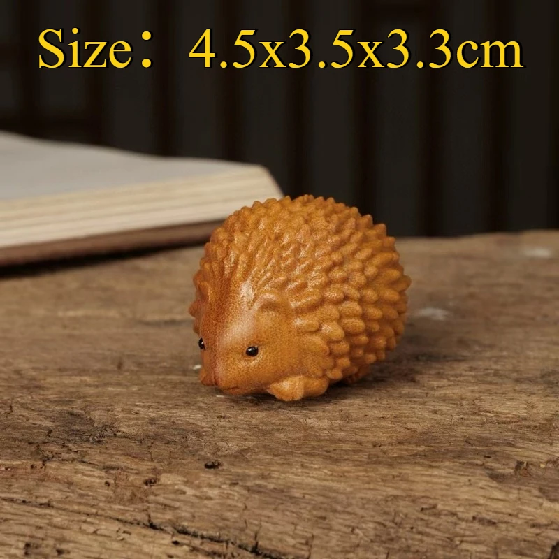 Boxwood Carved Hedgehog Desk Decoration Wood Animal Sculpture, Cypress Handicraft, Collectible Wenwan Ornament for Home Display