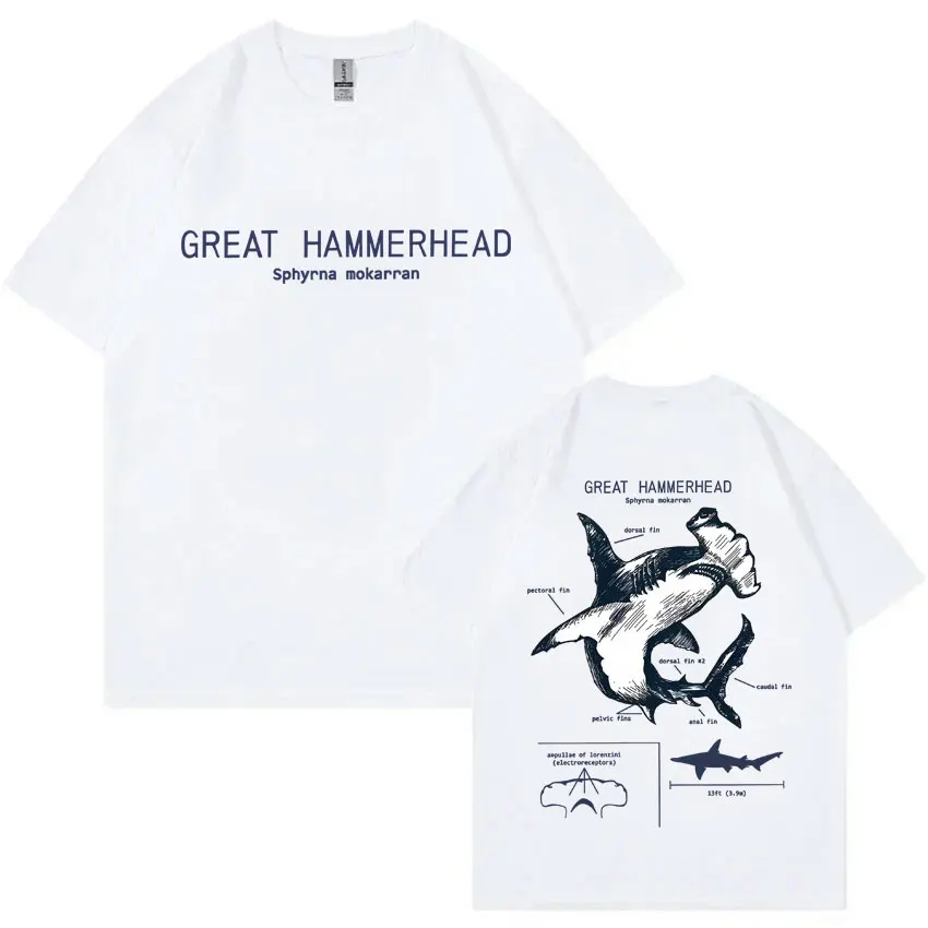 Marine Animals Great Hammerhead Anatomy Graphic T-shirt Men Women Casual Vintage Cotton T-shirts Men's Oversized Short Sleeve