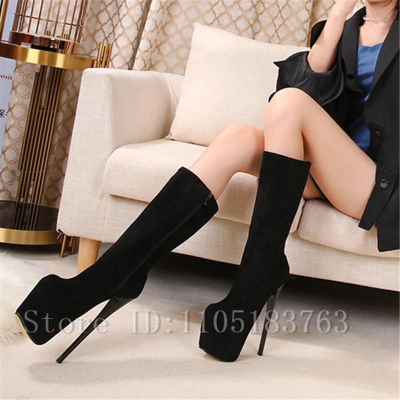 

Women Platform Super High Heels Mid Calf Boots Designer New Sexy Round Toe 19cm Steel Heel Side Zipper Boots