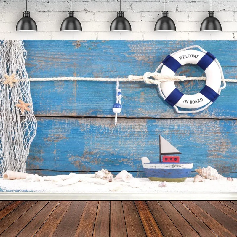 Nautical Style Photography Backdrop Fishing Net Lifebuoy Wood Board Background Boy Birthday Party Decor Life Buoy Shell Boat