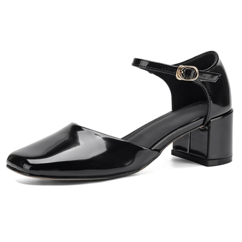Women's Summer Sandals New 2026 Genuine Leather Block High Heels Party Shoes Elegan Closed Square toe Beige Black Straps Pumps